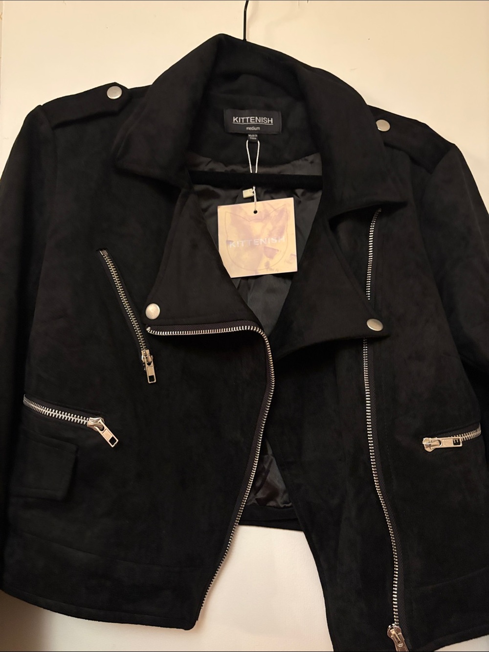 Kittenish Black Suede Biker Jacket with Silver Hardware
